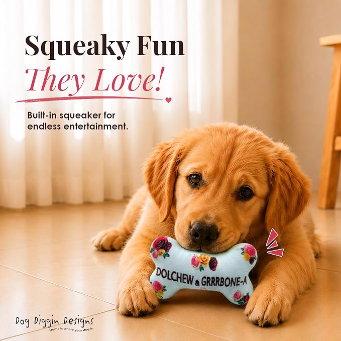 Dog Diggin Designs Dolchew & Grrrbone Plush Dog Toy Bone | Luxury-Inspired Parody Designer Bone with Squeaker, Soft Plush Chew & Play Dog Toy – Prêt-à-Porter Play!