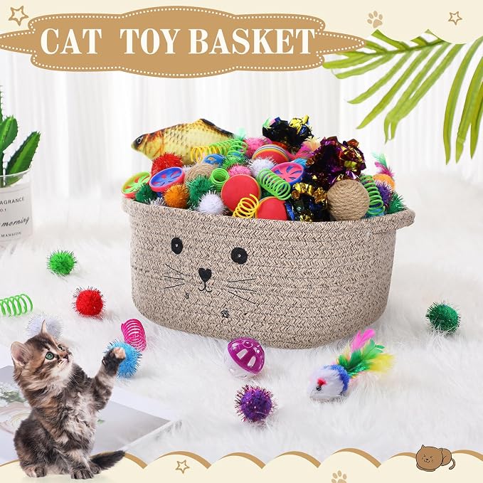 Zopeal 58 Pcs Summer Cat Storage Basket Gift Toys Set, Colorful Flashing Balls Pet Bell Crinkle Balls Spring Toys Attract Cat to Swat, Hunt, Interactive for Pet(Dark Brown,12 Inch)