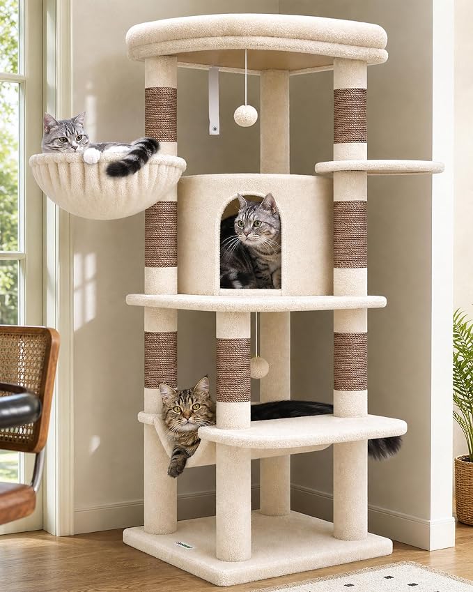 Globlazer Corner Stable Cat Tree Tower with Scratching Post, C51, Beige | 51in Space-Saving Multi-Level Cat Condo for Indoor Cats with Hammock, Large Top Perch for Large Cats, Cozy Cat Cave