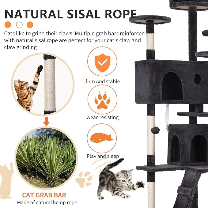 BestPet | 70" Cat Tree Tower | Dark Gray | Sturdy Multi-Level Cat Tree | with Plush Condo, Cozy Perch, Sisal Scratching Posts, Hanging Toy and Hammock | Easy Assembly | for Kittens & Adult Cats
