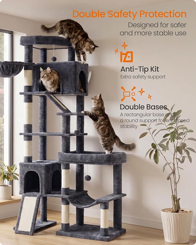 Feandrea Multi-Level Cat Tree for Large Cats, 79.5 inch Tall Cat Tower with 6 Resting Areas and Sisal Scratching Posts, 41.3 x 17.7 x 79.5 inch, Dark Gray Clawfy Collection UPCT020G201