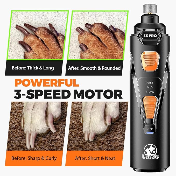 Whisper Quiet Dog Nail Grinder Safe & Stress-Free for Sensitive Dogs Cats | 4 LED Lights,3 Grinding Bits, 3-Speed, Pet Nail Trimmers, Rechargeable Painless Grooming Kit for All Breeds & Sizes