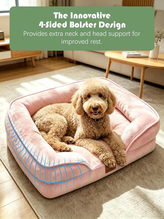 Spotted Play Orthopedic Dog Bed with Sides - Sofa Beds for Large Dogs, Supportive Foam Pet Couch Bed with Washable Removable Cover, Waterproof Lining and Non-Slip Bottom, Pink - L-Plus