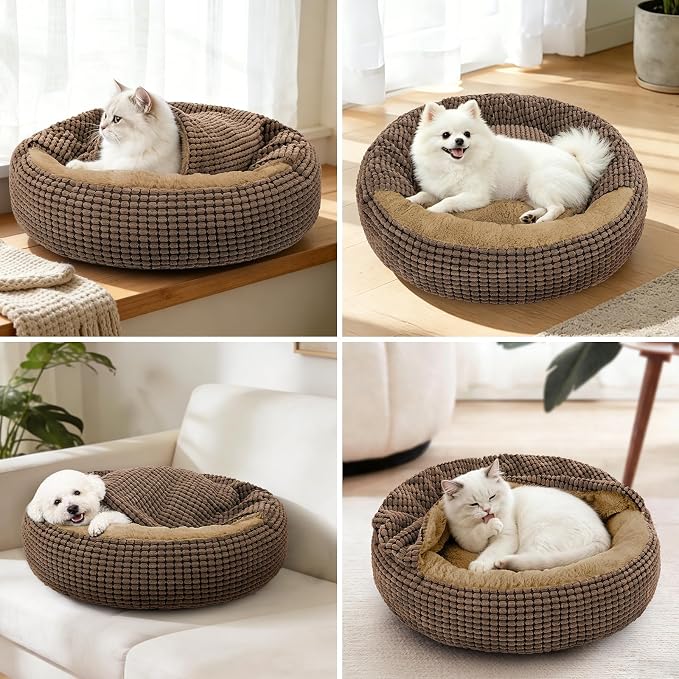 Small Dog Bed with Attached Blanket, Cozy Donut Cuddler Anti-Anxiety Hooded Pet Beds Calming Cave Bed, Orthopedic Round Puppy Beds for Dogs or Cats Washable, Anti-Slip Bottom, 23inch