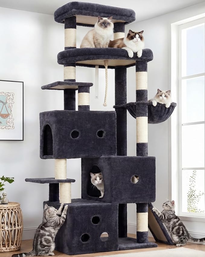 Heybly Cat Tree, 74-Inch Streamlined Cat Tower for Large Cats HCT061G | Cat Furniture with 3-Tier Stacked Condos, Large Perch, Sturdy Base, Full Sisal Scratching Posts & Ramp, Smoky Gray