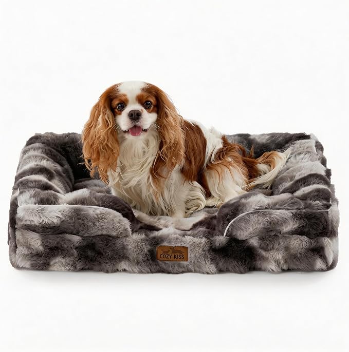 COZY KISS Orthopedic Dog Bed for Medium Small Size Dog, Soft and Warm Faux Fur Sofa for Pet Up to 40 lbs, Foam Bolster Anti-Slip Couch with Washable Removable Cover, M 30x20x6.5 inch, Tie Dye Grey