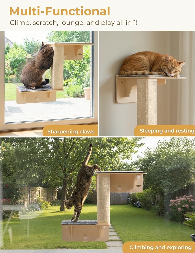 Pecute Double Cat Shelves with Scratching Post for Wall & Window | Solid Wood Frame, Strong Suction Cups, Washable Cover Mat, Cats Perch Bed for Birds Watching Inside, Indoor Cat Hammock Bed