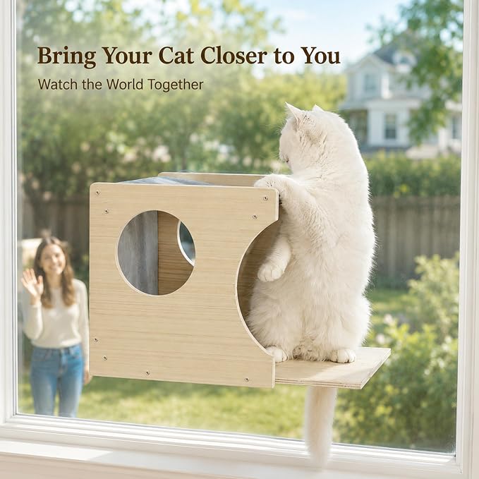 Cat Window Perch，2-Tier Hammock & Hideaway House with Strong Suction Cups | Right-opening, Drill-Free, Hold Up to 45 lb Support, For Small to Medium Cats, Let Cats Lounge, Climb and Watch Outside