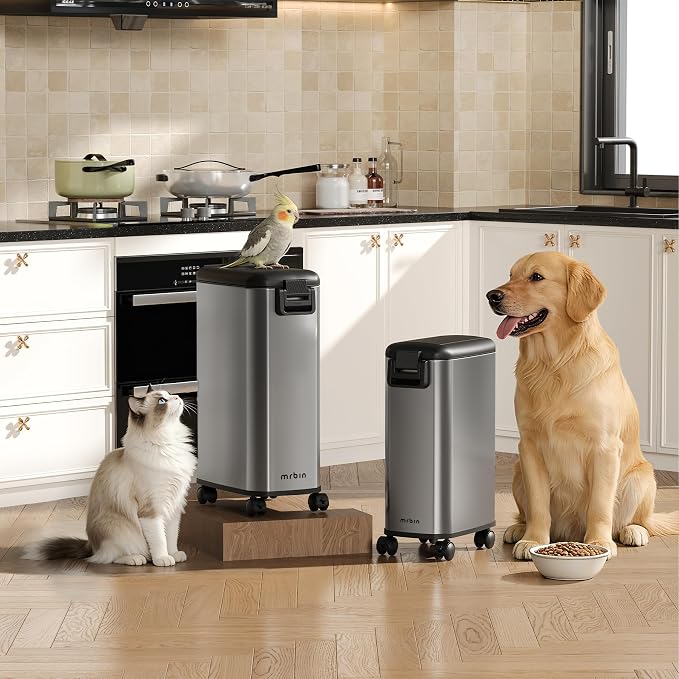 MRBIN Pet Food Bin 20 LB / 15 LB, Dog Food Storage Bin 20L with Scoop Airtight Pet Food Container Stainless Steel Large Containers with Wheels, Eclipse Grey