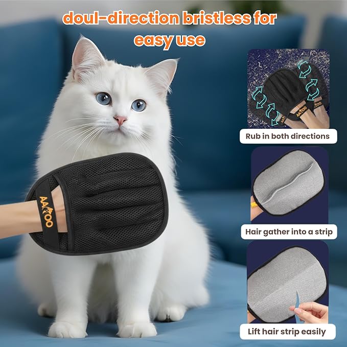 Pet Hair Removal Glove for Cats & Dogs with Silicone Pet Toothbrush – Reusable Magic Brush – Five-Finger Electrostatic Pet Hair Remover Glove for Laundry, Couch, Carpet & Car Seat