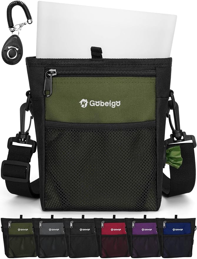 4 Cup Dog Treat Pouch with Silicone Insert Bag& Clicker(Army Green) | 2 Pair Magnetic Closures, Belt Clip/Waist Belt/Crossbody Wear, Zipper Pocket Poop Bag Holder for Pet Training/Daily Walking