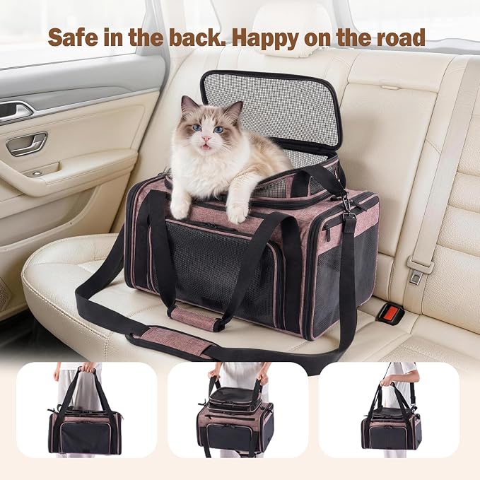 Cat Carrier Soft Sided, Expandable Pet Carrier for Medium Small Pets, Collapsible Travel Carrier with Hard Shell, 360° Panoramic Mesh, Washable Waterproof Pad | – 17.3×13.8×9.4 (Pink)