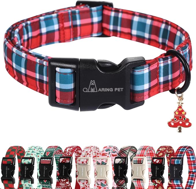 ARING PET Christmas Dog Collar, Cute Xmas Red Pink Grid Festival Pet Collars with Quick Release Black Buckle for Puppy Small Medium Large Boy Girl Dogs-L