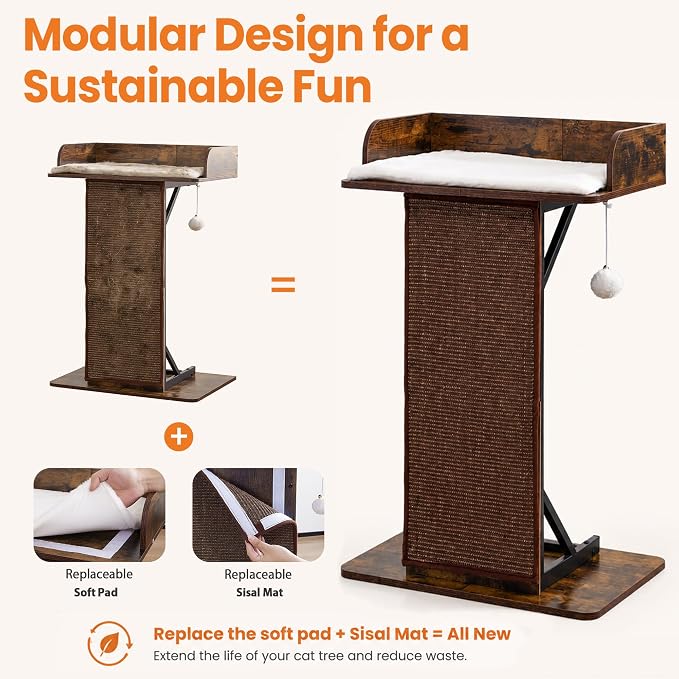 Modern Wood Cat Tree Tower for Indoor Large Adult Cats with Big Perch Bed | 33.8in Tall Wooden Cat Trees with Platform, Cat Scratching Pads, Washable Cushions, Cat Furniture for Window, Rustic Brown