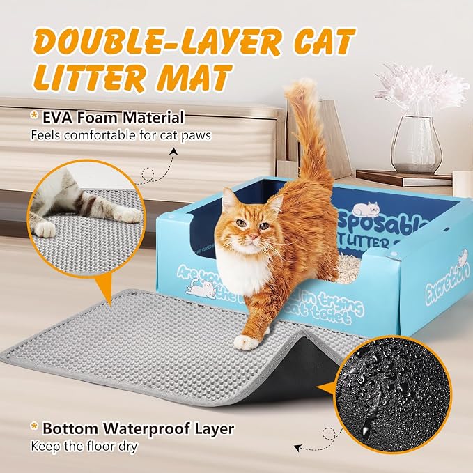 ondware Cat Litter Mat 24 x 15 in, Double Layer, Waterproof, Gray | Honeycomb EVA litter trapper, urine-proof non-slip base, soft on paws, easy shake or rinse clean