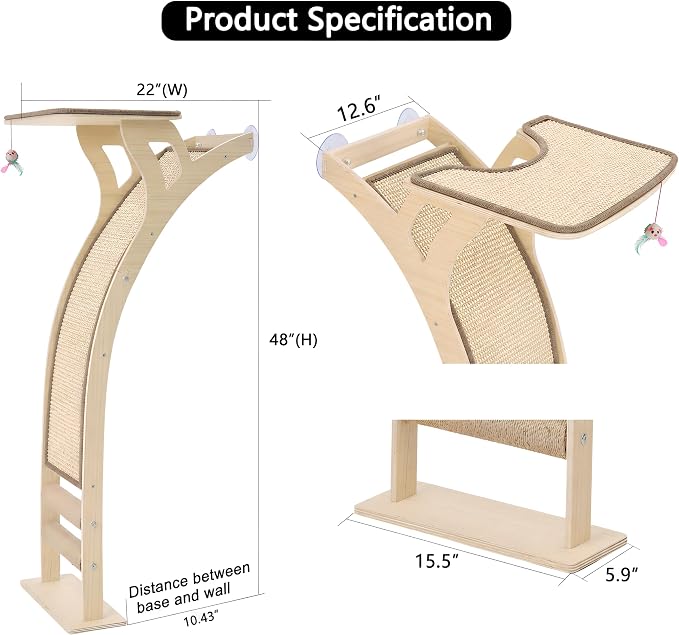 Cat Window Perch with Scratcher Ramp, 48-Inch Tall Wooden Climbing Tree | Fits Windows 13 Inches Wide or More;Heavy-Duty Suction Cups; Drill-Free; Sisal Scratching Mat; Holds Up to 45 lbs