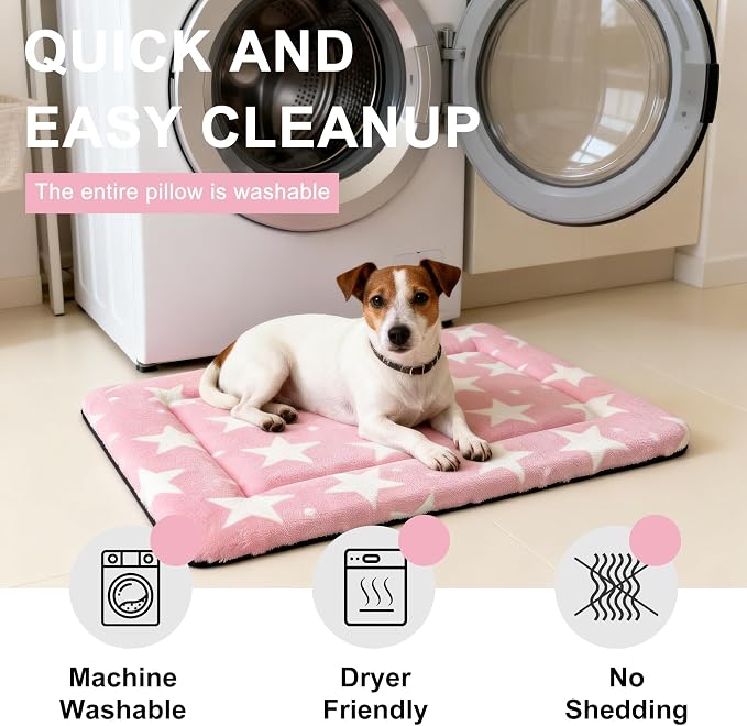 Dog Bed Mat – Soft & Comfortable Dog Kennel Pad for Crate – Durable Crate Bed & Mat for Dogs & Cats – Ideal for Crate, Kennel, and Home Use (Big&Little Stars Pink, M(30"*20"*1.5"))