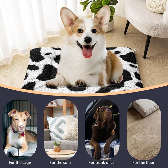 HOSIMA Cow Fur Print Dog Mats for Sleeping,Western Farmhouse Animal Themed Fuzzy Pet Bed Mat,38L*32W Inch,Suitable for Medium Dog Bed,Washable Soft Cozy Black-White Pet Pad.