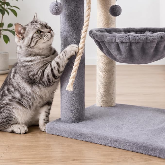 Multi-Level Cat Tree for Indoor Cats, Cat Tree Tower with Big Cat Hammock Indoor Climbing Activity Tower with Scratching Posts, Grey