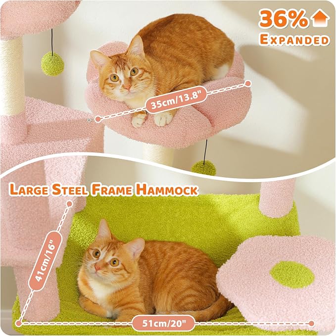 PAWZ Road 81" Flower Cat Tree Large Condo Hammock &2 Perches for Adult Cats | flower shape pink&green, 20"×16" hammock for maine cats, cute cat tower large condos,7 scratch posts & bottom scratcher