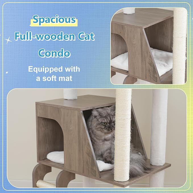 Hey-brother Wooden Cat Tree, Furniture Tower with Large Platforms, MPJ121SG | 69.7 inch, Modern Full Sisal Scratching Posts, Hammocks, Spacious Condo, Ladder, Brush, Water Proof Surface, Rustic Gray