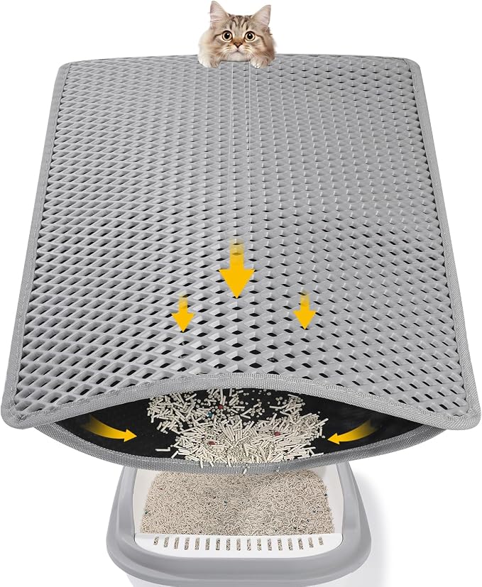 Double Layer Cat Litter Mat, Waterproof Non-Slip, 24 x 15 Inch | Honeycomb litter trapping, EVA soft paw-friendly material, urine-resistant layer, easy shake or rinse clean