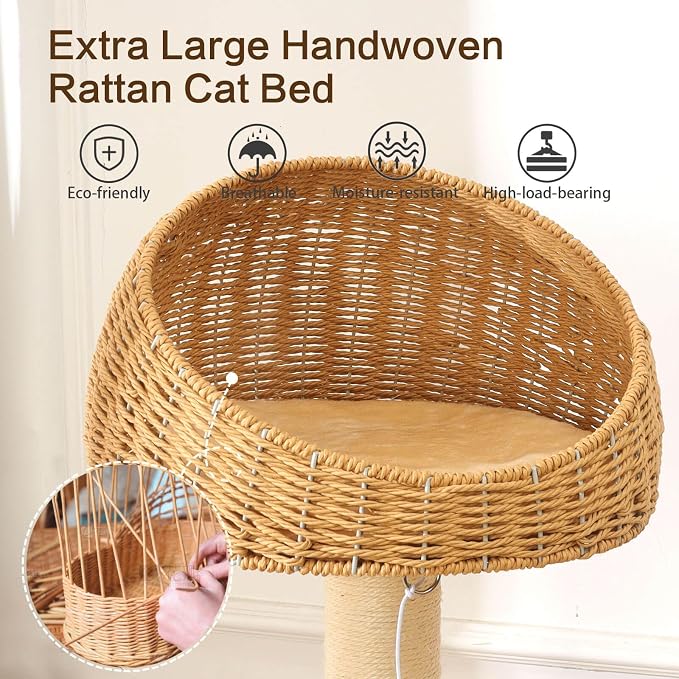 50 in Wooden Cat Tree for Indoor Cat, Large Cat Tower | Multi-Level Cat Condo,Modern Tall Design, with Scratching Post, with Hand-Woven Cat Bed, for Medium Size Cat, Easy to Clean
