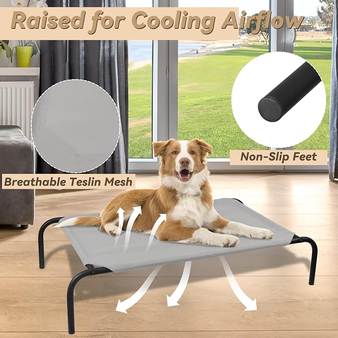 Heavy Duty Steel-Framed Portable Elevated Pet Bed, Elevated Cooling Pet Cot, 43.5" L x 25.5" W x 7.8" H(M, Grey)