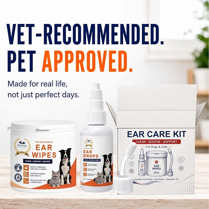Dog Ear Cleaner Drops & Ear Wipes Kit – Advanced Pet Ear Cleaning Solution with Hypochlorous Acid, Helps Relieve Itchy Ears, Removes Wax & Odor, Gentle for Dogs & Cats