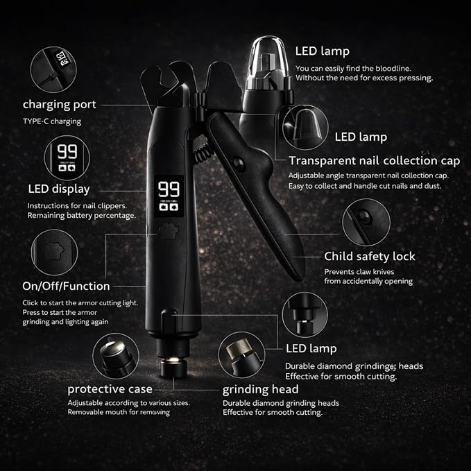 2-in-1 Dog Cat Nail Clippers with Light Bloodline Indicator & Electric Grinder – Type-C Rechargeable Dog Cat Nail Trimmer – Low Noise Grooming Tool with Battery Display (Matte Black)