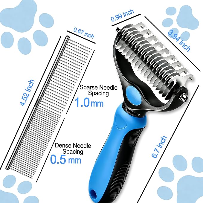 2-In-1 Pet Grooming Brush, Dog Brush for Shedding with Bonus Metal Comb | Rounded-Tooth Comb Double Sided Brush with Varied Spaced Teeth for Efficient Removing Knots and Loose Hair