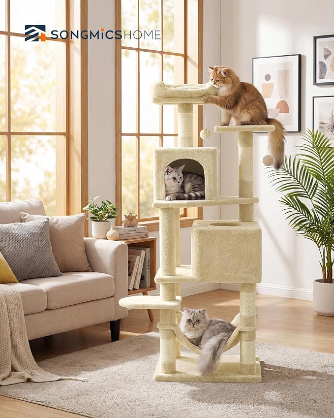 SONGMICS HOME Cat Tree for Indoor Cats, Multi-Level Cat Tower with Sisal Scratching Posts, Hammock and Condo, Beige