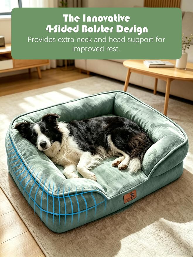 Spotted Play Orthopedic Dog Bed with Sides - Sofa Beds for Large Dogs, Supportive Foam Pet Couch Bed with Washable Removable Cover, Waterproof Lining and Non-Slip Bottom, Green - L
