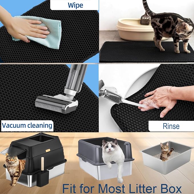 Ultra-Soft Cat Litter Mat 23.4"x14.7" Urine-Proof Non-Slip Black | Catches various litter, 3D large-pore, side-opening pour-out, easy clean, soft & durable, BPA-free, small litter mat