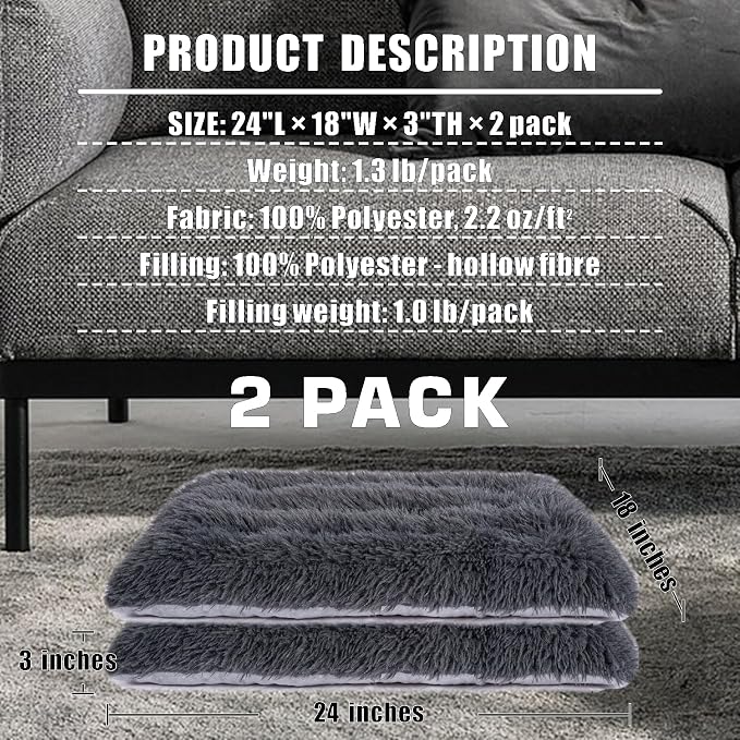 Machine Washable Dog Bed, Deluxe Plush Dog Crate Pad and Cat Bed, Anti-Slip Bottom Kennel Pad Mat, Fuzzy Pet Beds for Large, Medium, Small Dogs Breeds (Dark Grey, 24.0"L x 18.0"W x 3.0"Th x 2 PACK)