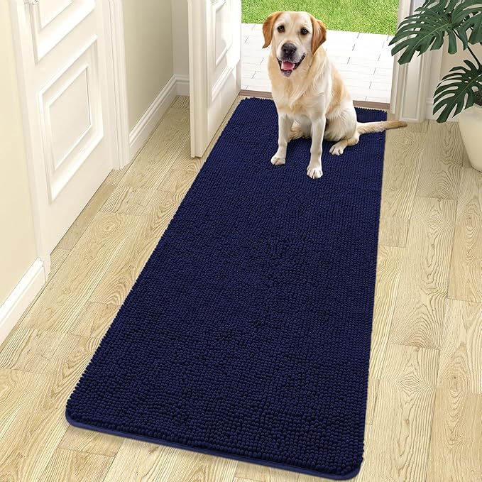OLANLY Dog Door Mat for Muddy Paws 70x24, Super Absorbent Chenille Mud Mat | Navy Blue, Absorbs Moisture and Dirt, Non-Slip Machine Washable Doormat, Quick-Drying Indoor Entryway Floor Carpet for Dogs
