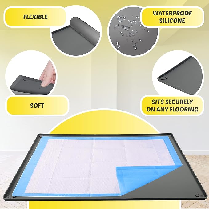 TidyFriend 2 Pk Dog Pee Pad Holder Tray Fits for 30” x 36” Pee Pads with Corner Lock Holes, Raised Edges, Non-Spill, Easy to Clean Silicone Dog Potty Tray Holder, for Indoor Floor Protection (Grey)