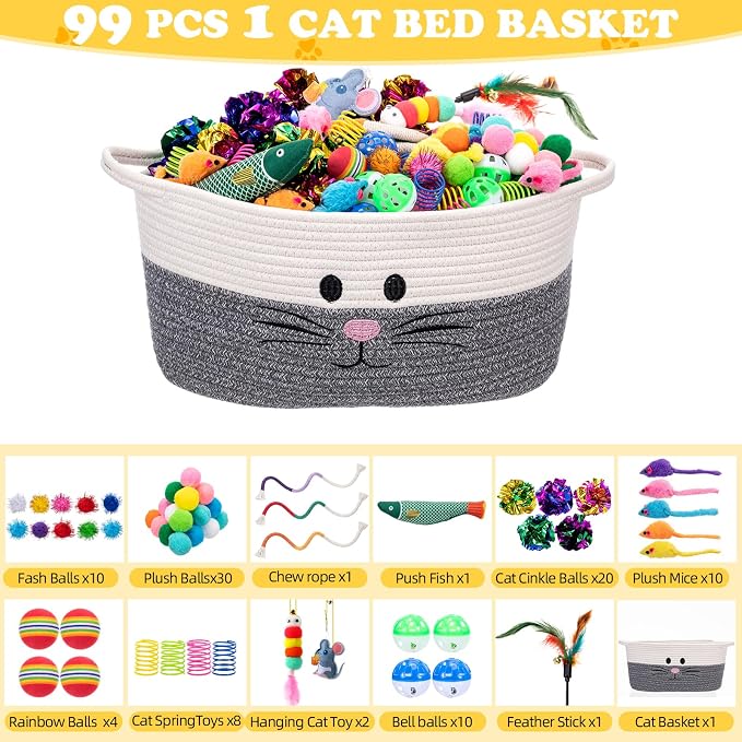 Leitee 15.2" X 10" X 8" 100 Pcs Cat Bed Storage Basket Gift Cat Variety Toys Set Cotton Rope Basket, Fish Mice Pet Bell Colorful Crinkle Balls Spring Toy for Kitten Swat Interactive (Basic,Grey,White)