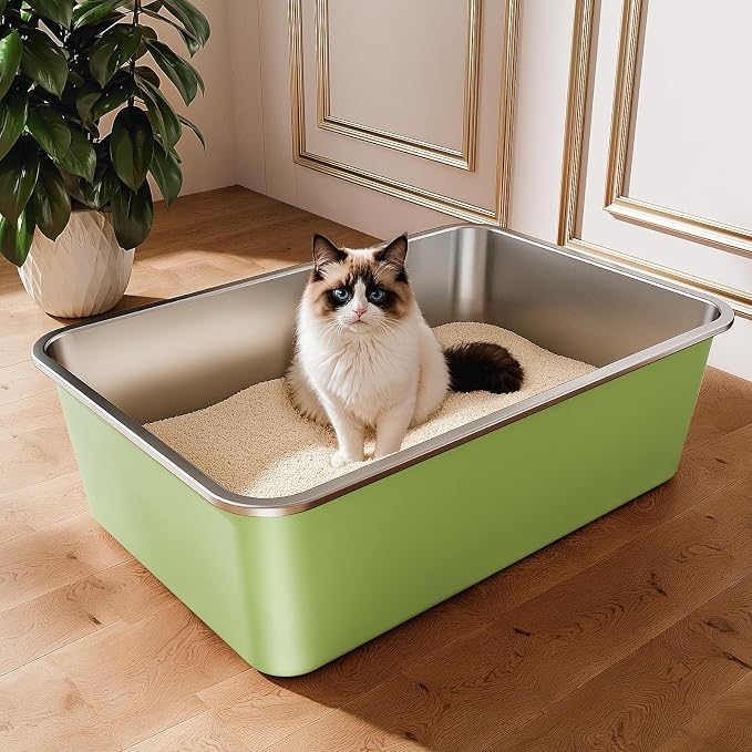 Qiuma Stainless Steel Litter Box, Large Metal Cat Litter Box with High Sided for Big and Small Cats, Non-Stick, Easy to Clean, Odor-Free, 23.4" L×15.6" W×7.8" H, Leaf Green