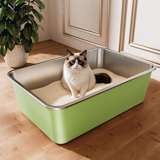 Qiuma Stainless Steel Litter Box, Large Metal Cat Litter Box with High Sided for Big and Small Cats, Non-Stick, Easy to Clean, Odor-Free, 23.4" L×15.6" W×7.8" H, Leaf Green