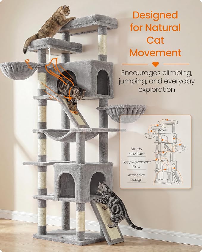Feandrea Large Cat Tree, 81.1" Tall Sturdy Cat Tower for Indoor, Dove Gray | Sturdy Tall Climbing Tower, Multi-Level Condo for Indoor Cats, Dove Gray, CLAWFY Collection UPCT021G101