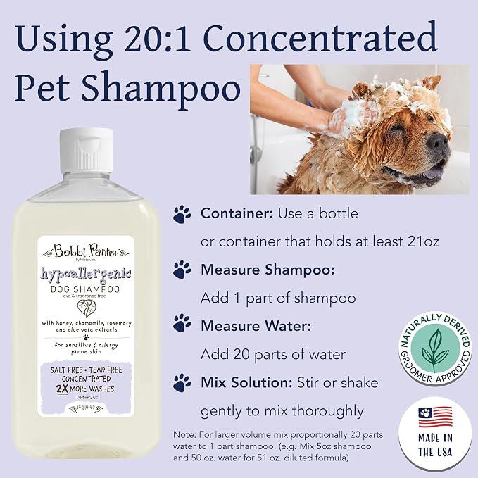 Bobbi Panter Hypoallergenic Dog Shampoo Honey, Aloe Vera, Chamomile & Rosemary – Dye & Fragrance Free Natural Formula for Sensitive & Allergy Skin, Tear-Free, 30:1 Concentrate, 14 oz (Case of 12)