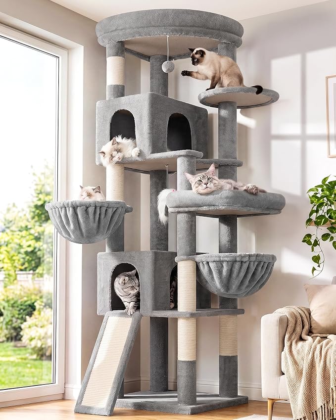 Globlazer Maine Coon Corner Cat Tree for Indoor Cats 74in, C74, Light Grey | Tall Heavy Duty Cat Tower for Large Multiple, 2 Big Platforms, 2 Extra Large Cat Condos, 2 Baskets, Sisal Scratching Board