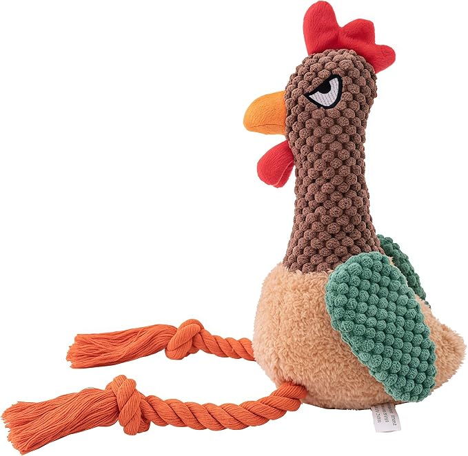 Plush Chicken Dog Toy with Squeaker, Interactive Rope Legs for Small and Medium Dogs, Multicolor Tug and Fetch Chew Rooster Toy