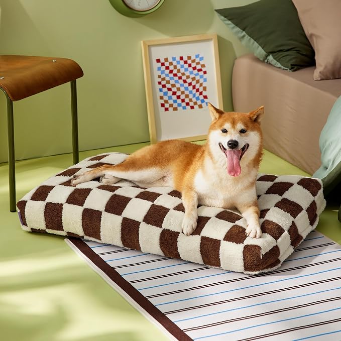 LE SURE Dog Beds Large Sized-Thick Shredded Chopped Foam Checkered Pet Bed as Gift for Indoor as Christmas Bed Gift with Removable Cover, Cute Modern Fuzzy Plush & Anti Slip Bottom, Brown