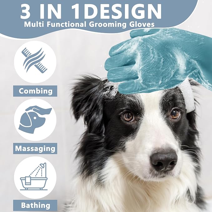Pet Grooming Gloves—Dog Washing Gloves with High-Density Teeth, Dog Bath Scrubber with Enhanced Five Finger Design, Silicone Gloves for Dogs and Cats Bathing, Massage (Gray Blue)