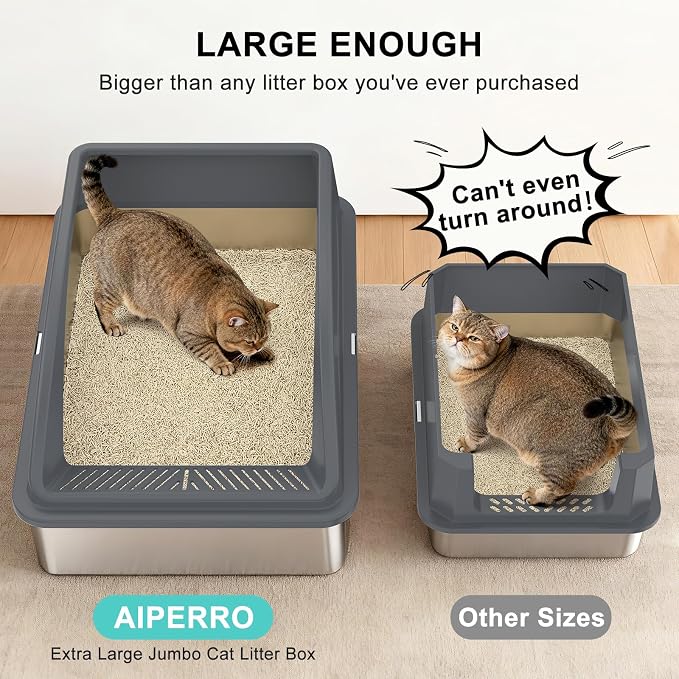AIPERRO Stainless Steel Litter Box Extra Large for Big Cats and Multi-Cats | Jumbo Extra Large High Sided Metal Cat Box with Lid | Anti-Urine Leakage,Non-Stick & Easy to Clean | Include Litter Cat Scoop