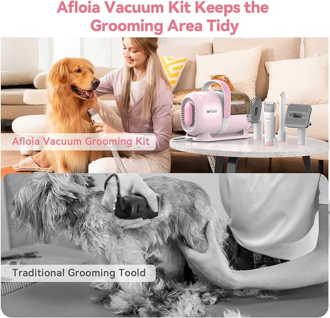 Afloia 6-in-1 Dog Grooming Kit, Pet Grooming Vacuum for Shedding, Dog Hair Vacuum with Clipper Nail Trimmer Grinder, Pet Brush Groomer at Home, Low Noise Cats Hair Remover, 1.5L Dust Cup, Pink | All-in-one grooming covers brushing, clipping, trimming a...