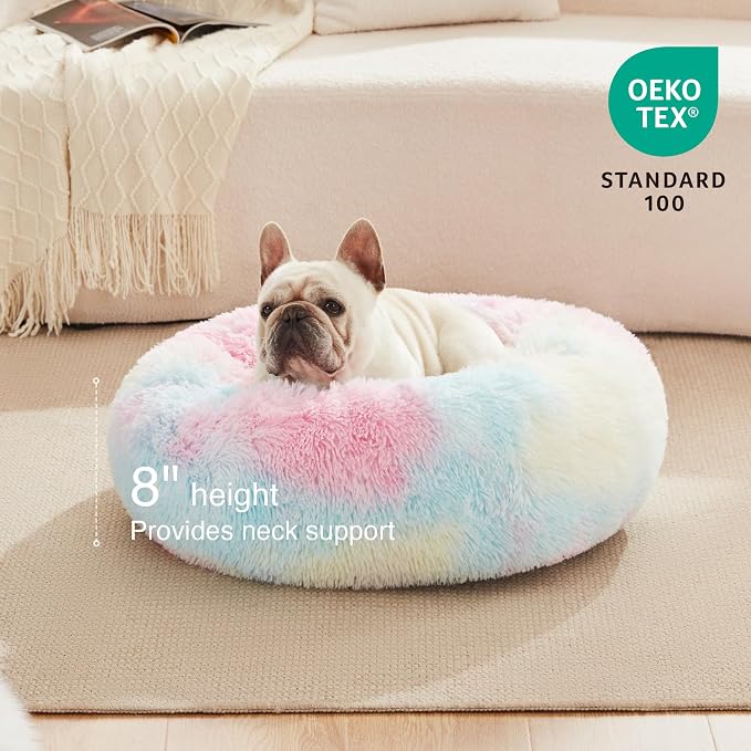 Love's cabin Calming Cat Bed for Indoor Cats, Anti-Anxiety Donut Round Dog Bed,Fluffy Faux Fur Washable Pet Bed for Small Medium Dogs and Cats, Rainbow, 20in