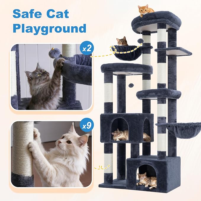 Hey-brother Cat Tree Tower with Tiered Padded Platforms, Condos, MPJ084G | 67.3 Inches Multi-Level Cat House with 9 Sisal Scratching Posts, 2 Plush Hammocks, Toy Ball for Indoor Multi-Cats, Smoky Gray